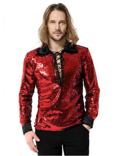 Pentagramme Red Sequin Gothic Heavy Metal Rock Long Sleeve Shirt for Men