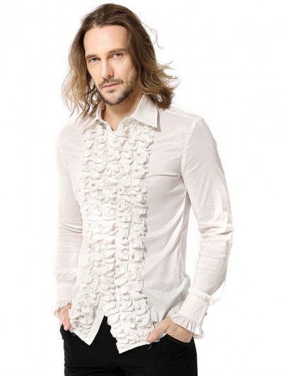 Pentagramme White Gothic Vintage Disco Jabot Long Sleeve Shirt for Men
