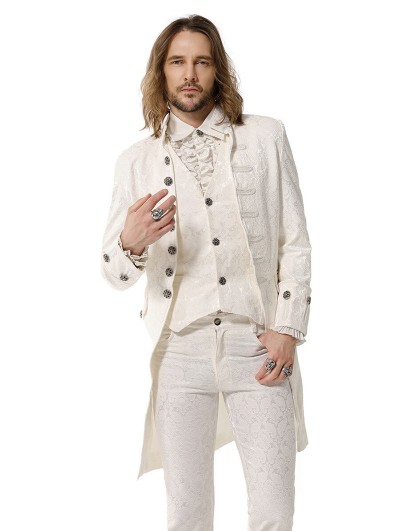 Pentagramme White Brocade Vintage Victorian Gothic Party Coat for Men