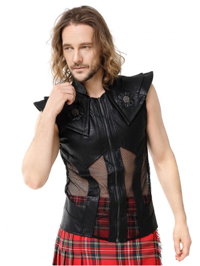 Pentagramme Black Gothic Punk Leather Sleeveless T-Shirt for Men