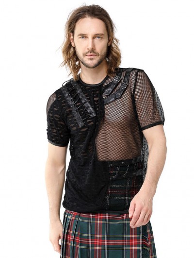 Pentagramme Black Gothic Punk Fishnet Short Sleeve Ripped T-Shirt for Men