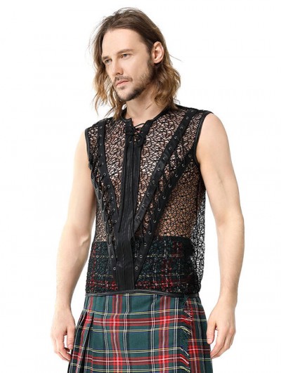 Pentagramme Black Gothic Punk Fishnet Sleeveless T-Shirt for Men