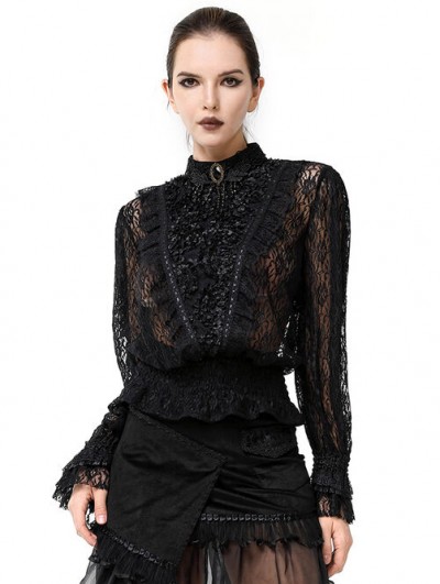 Pentagramme Black Gothic Sexy Lace Long Sleeve Top for Women