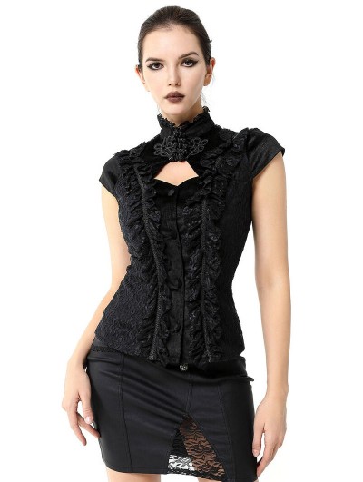 Pentagramme Black Vintage Gothic Cap Sleeve Lace Top for Women