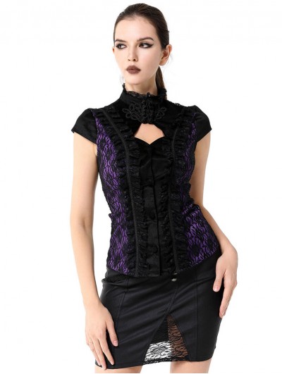 Pentagramme Purple Vintage Gothic Cap Sleeve Lace Top for Women