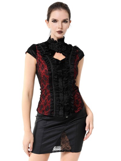 Pentagramme Red Vintage Gothic Cap Sleeve Lace Top for Women