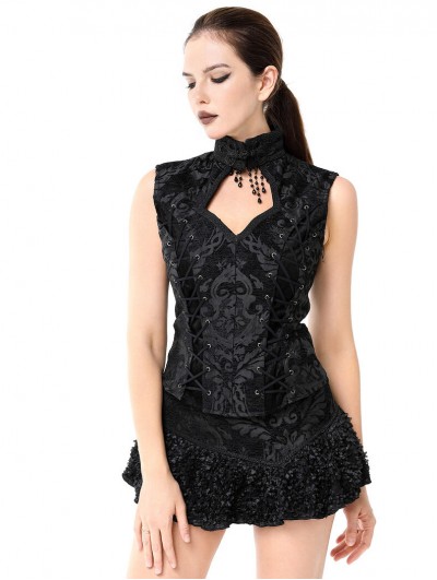 Pentagramme Black Vintage Gothic Baroque Jacquard Pattern Waistcoat for Women