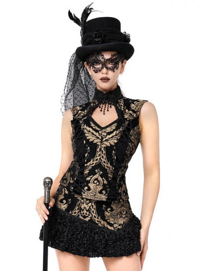 Pentagramme Gold Vintage Gothic Baroque Jacquard Pattern Waistcoat for Women