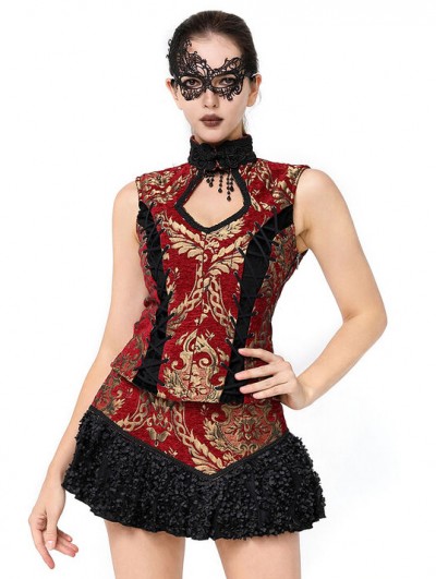 Pentagramme Red Vintage Gothic Baroque Jacquard Pattern Waistcoat for Women