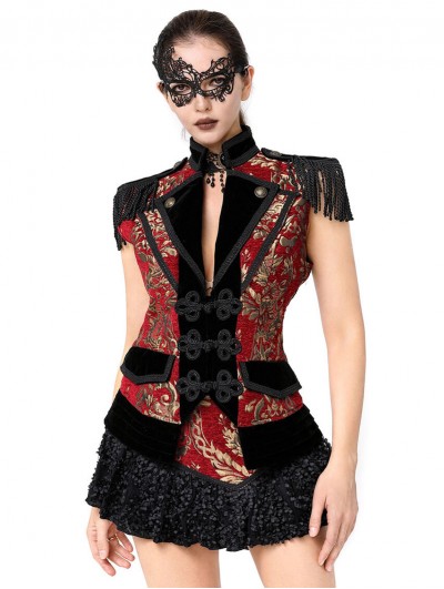 Pentagramme Red Gothic Baroque Style Brocade Tailed Waistcoat for Women