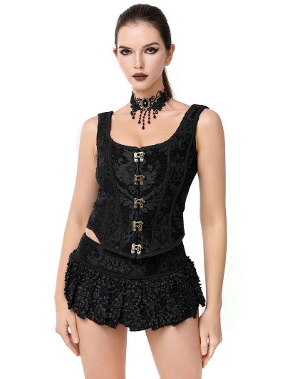 Pentagramme Black Gothic Vintage Brocade Waistcoat Top for Women