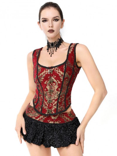 Pentagramme Red Gothic Vintage Brocade Waistcoat Top for Women