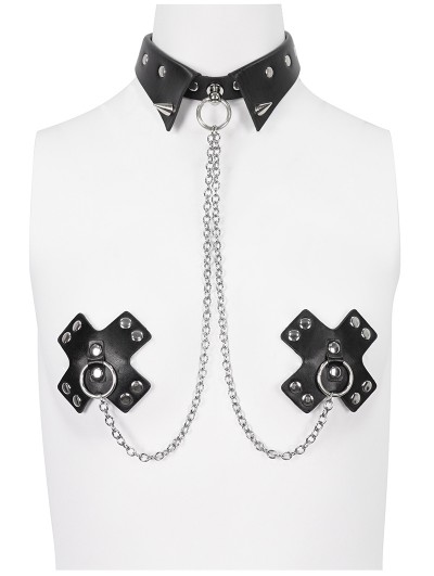 Devil Fashion Black Gothic Punk Spiked Belt Choker with Nipple Cover