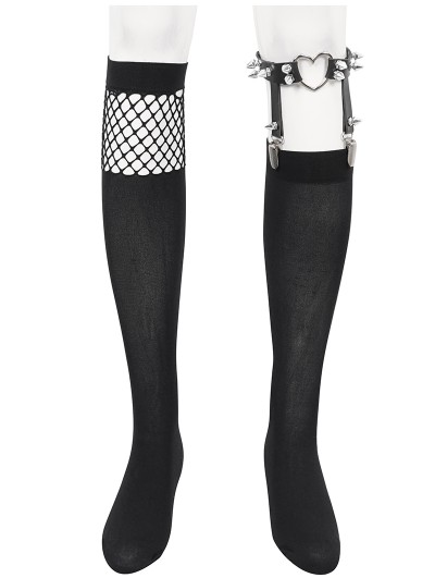 Devil Fashion Black Gothic Punk Asymmetrical Mesh Spliced Knee Socks