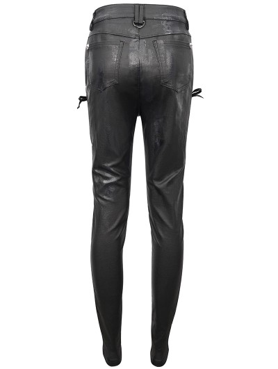 Devil Fashion Jeans Donna Steampunk Gotici - Vita Alta, Slim, Con Tasca In Pelle Nera, Elasticizzati