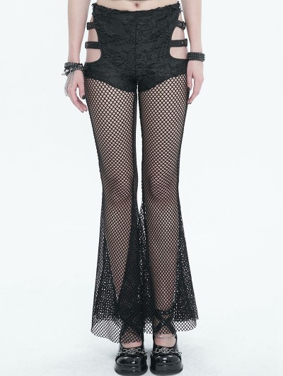 Devil Fashion Black Gothic Sexy Cutout Mesh Long Flared Pants for Women