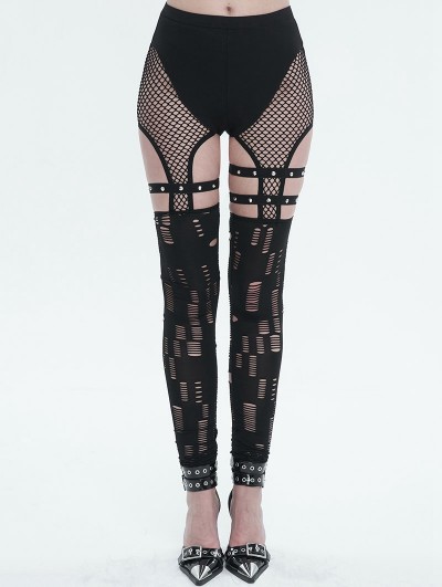 Devil Fashion Black Gothic Punk Sexy Hole Net Slim Leggings for Women