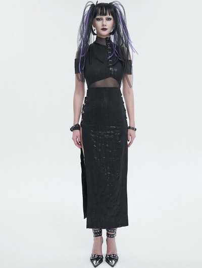 Devil Fashion Black Gothic Punk Sexy High Neck Slit Long Slim Dress