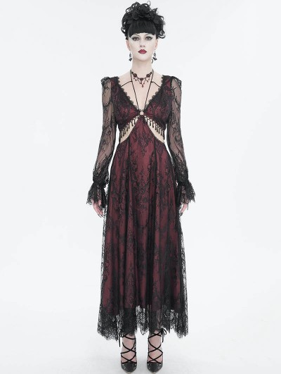 Devil Fashion Black and Red Vintage Sexy Gothic Lace Long Sleeve Party Dress