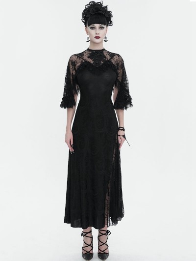 Devil Fashion Black Gothic Vintage Elegant Lace Slit Long Party Dress