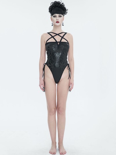 Devil Fashion Black Gothic Pattern Pentagram Straps One-Piece Swimsuit