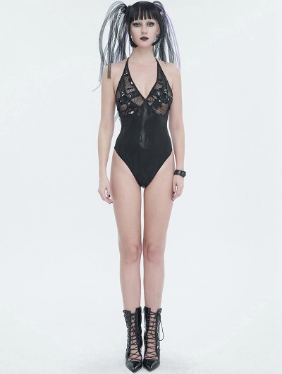 Devil Fashion Black Gothic Punk Skull Mesh Halter One-Piece Swimsuit
