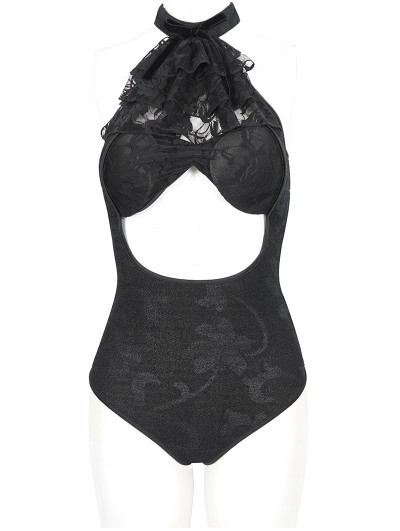 Devil Fashion Black Gothic Vintage Jabot Cutout One-Piece