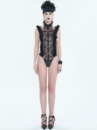 Devil Fashion Black Gothic Punk Ruffle Lace Sexy Lingerie Bodysuit