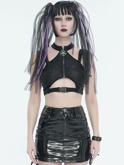 Devil Fashion Black Gothic Punk Buckle Cutout Crop Top for Women