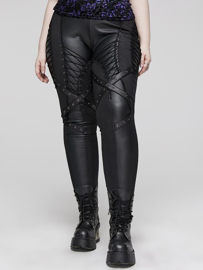 Punk Rave Black Gothic Punk Symmetrical Slim Fit Long Leather Plus Size Pants for Women