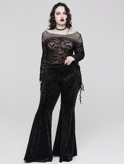 Punk Rave Black Gothic Vintage Dark Texture Jacquard Plus Size Long Flare  Pants for Women 