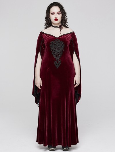 Punk Rave Red Vintage Gothic Gorgeous Velvet Lace Applique Plus Size Long Party Dress