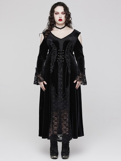 Punk Rave Black Gothic Cold Shoulder Velvet Long Floral Lace Plus Size Dress