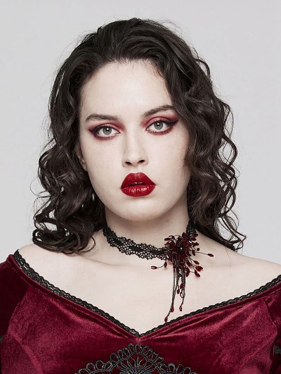 Punk Rave Black and Red Gothic Exquisite Lace Blood Drop Pendant Choker