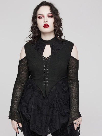 Punk Rave Black Gothic Cold Shoulder Daily Long Sleeve Plus Size T-Shirt for Women