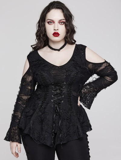 Punk Rave Black Gothic Lace Long Sleeves Sexy Daily Plus Size T-Shirt for Women