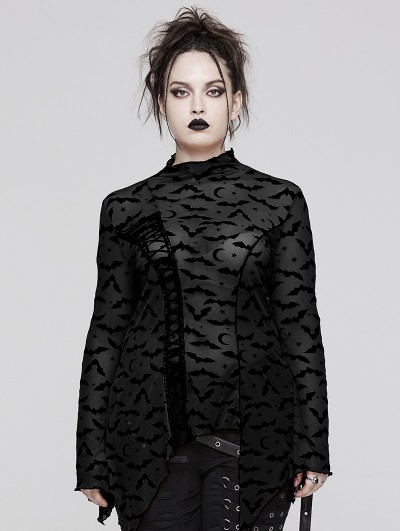 Punk Rave Black Gothic Bat Mesh Long Sleeve Basic Plus Size T-Shirt for Women