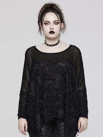 Punk Rave Black Gothic Punk Ragged Mesh Long Sleeve Plus Size T-Shirt for Women