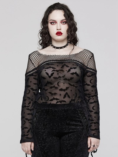 Punk Rave Black Gothic Bat Mesh Long Sleeve Daily Plus Size T-shirt for Women