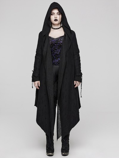 Punk Rave Black Gothic Decadent Layered Hooded Long Plus Size Trench Coat for Women