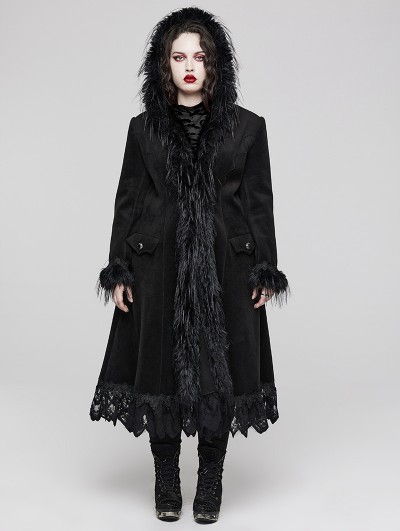 Punk Rave Black Gothic Gorgeous Fur Long Hooded Winter Plus Size Coat for Women