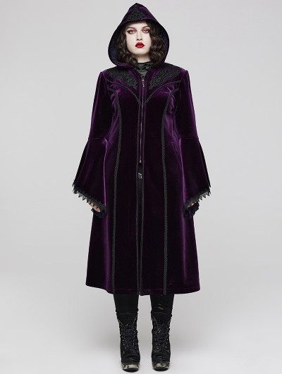 Punk Rave Black and Violet Vintage Gothic Gorgeous Velvet Plus Size Long Hooded Coat for Women