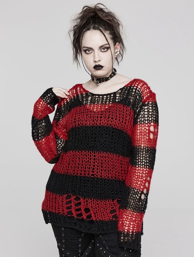 Punk Rave Black and Red Stripe Gothic Decayed Pullover Plus Size Sweater for Women