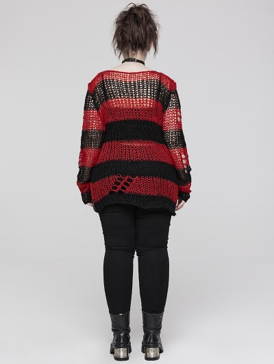 Punk Rave Black and Red Stripe Gothic Decayed Pullover Plus