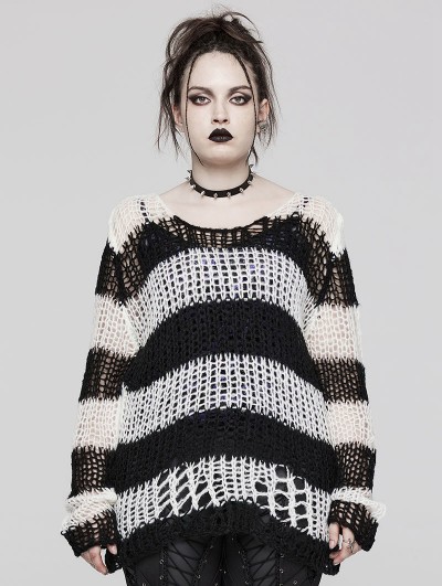 Punk Rave Black and White Stripe Gothic Decayed Pullover Plus Size Sweater for Women