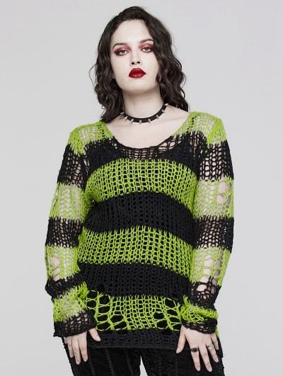 Punk Rave Black and Green Stripe Gothic Decayed Pullover Sweater for Women