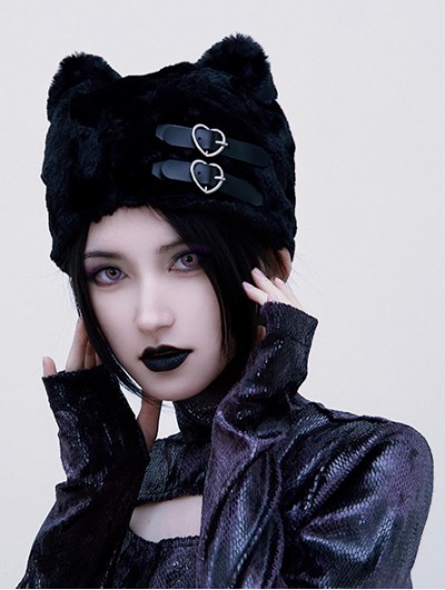 Black Gothic Punk Buckle Cat Ear Plush Hat
