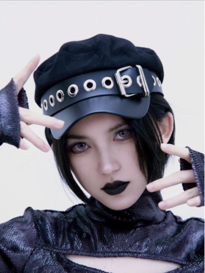 Black Gothic Punk Fashion Metal Eyelet Buckle Hat