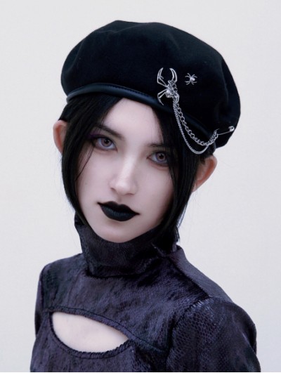 Black Gothic Punk Spider Pin Chain Beret Hat