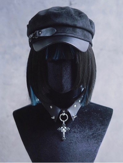Black Gothic Punk Rivet Buckle Leather Brim Cap
